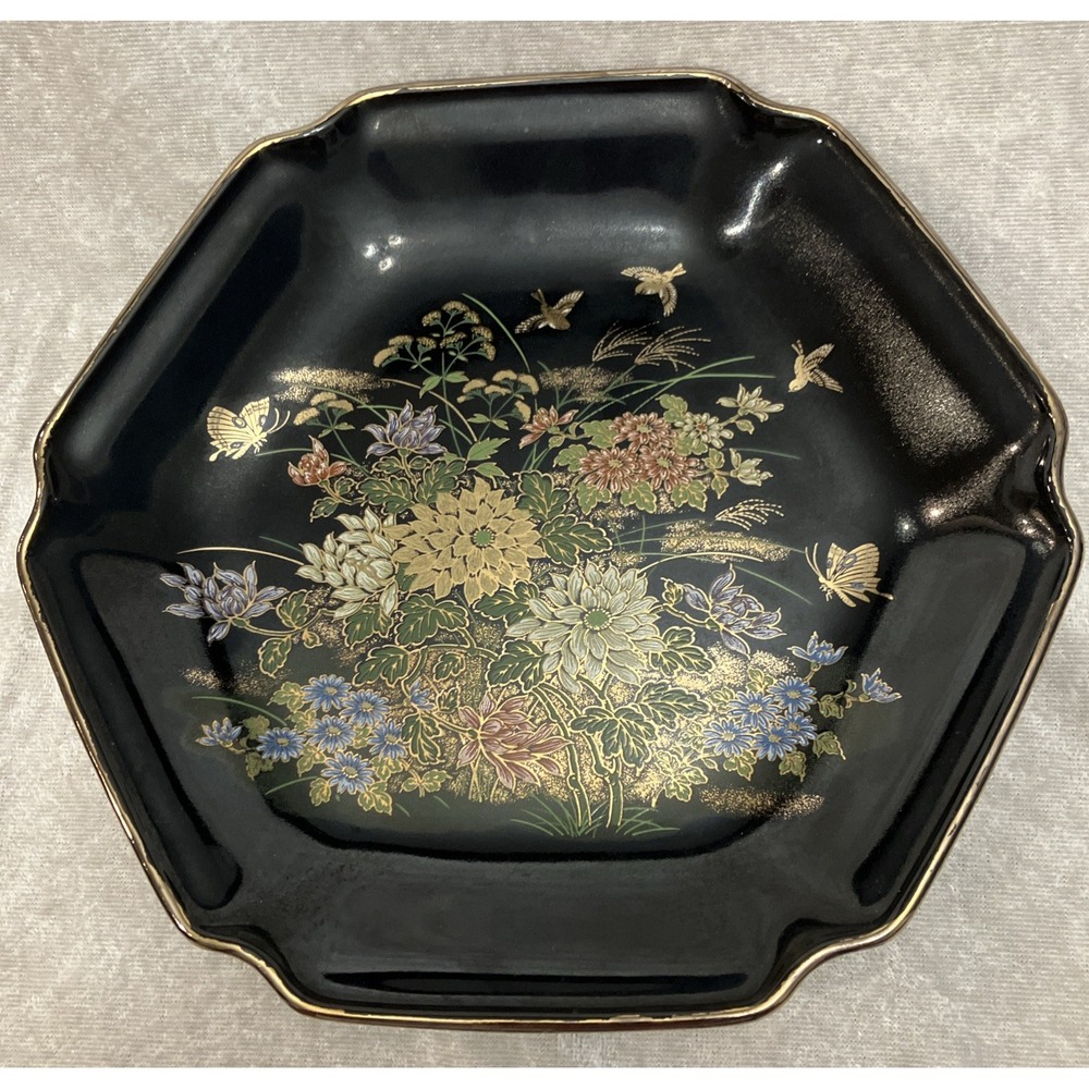 Otagiri Japanese Black Porcelain Gold Trim Hexa Plate Floral Birds Butterfly VTG